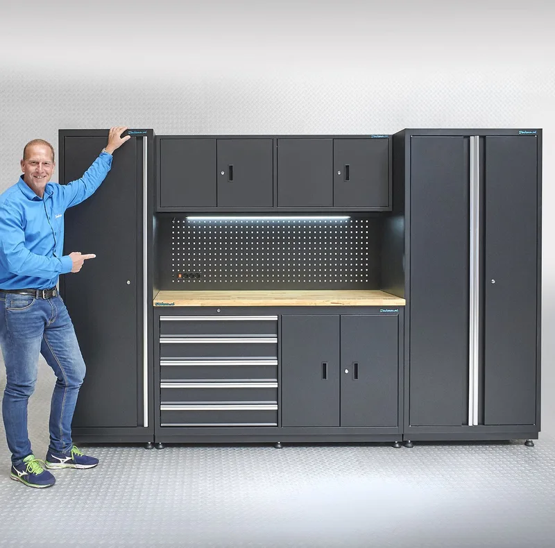 Werkbank 160 cm met bovenkast, smalle zijkast en brede zijkast - Zwart van Datona – productafbeelding