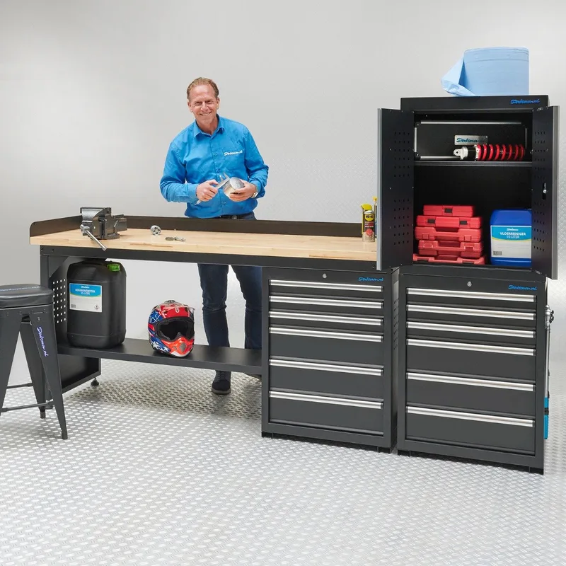 Werkbank 200 cm 1 kast deuren 2 kast lades bamboe - Zwart de Datona – image du produit