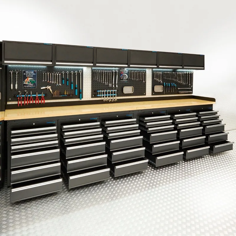 Werkbank PRO - bamboe werkblad - 36 lades - gereedschapsborden - hangkasten - 400 cm - Zwart fra Datona – produktbillede