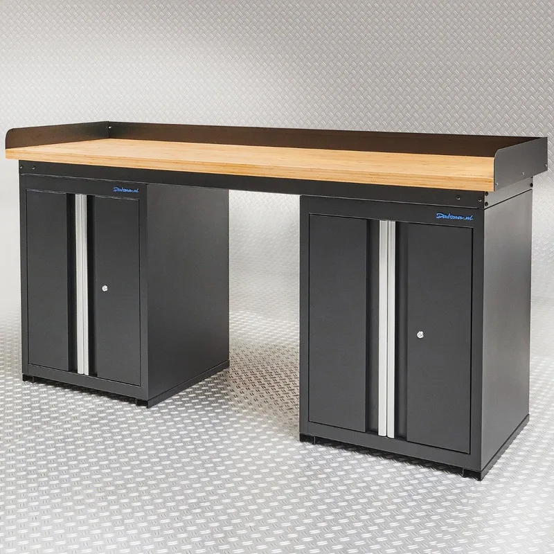 Werkbank PRO eiken - 2 opbergkasten - 200 cm - Zwart van Datona – productafbeelding