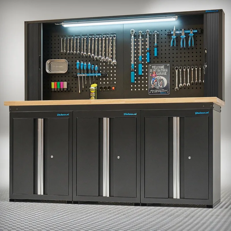 Werkbank PRO eiken - 3 opbergkasten - 1 gereedschapskasten - 200 cm - Zwart de Datona – image du produit