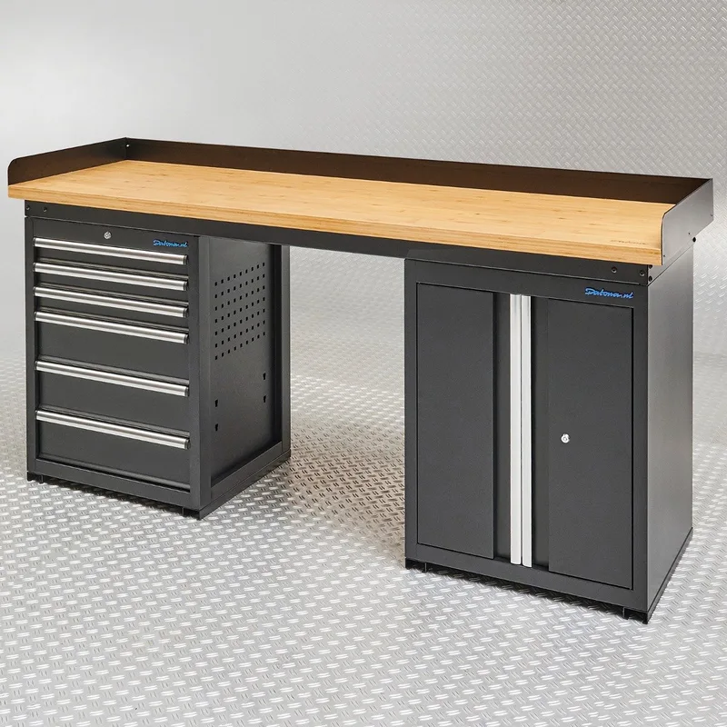 Werkbank PRO eiken - 6 lades en opbergkast - 200 cm - Zwart van Datona – productafbeelding