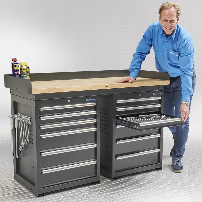 Werkbank PRO - eiken werkblad - 12 lades - 150 cm - Zwart van Datona – productafbeelding