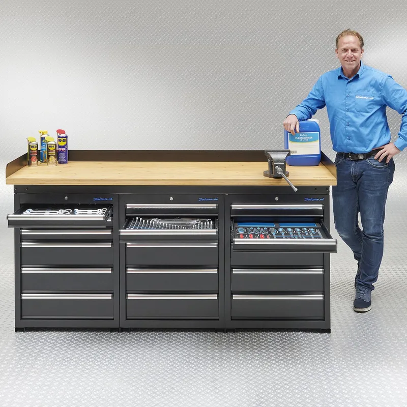 Werkbank PRO - eiken werkblad - 18 lades - 200 cm - Zwart van Datona – productafbeelding