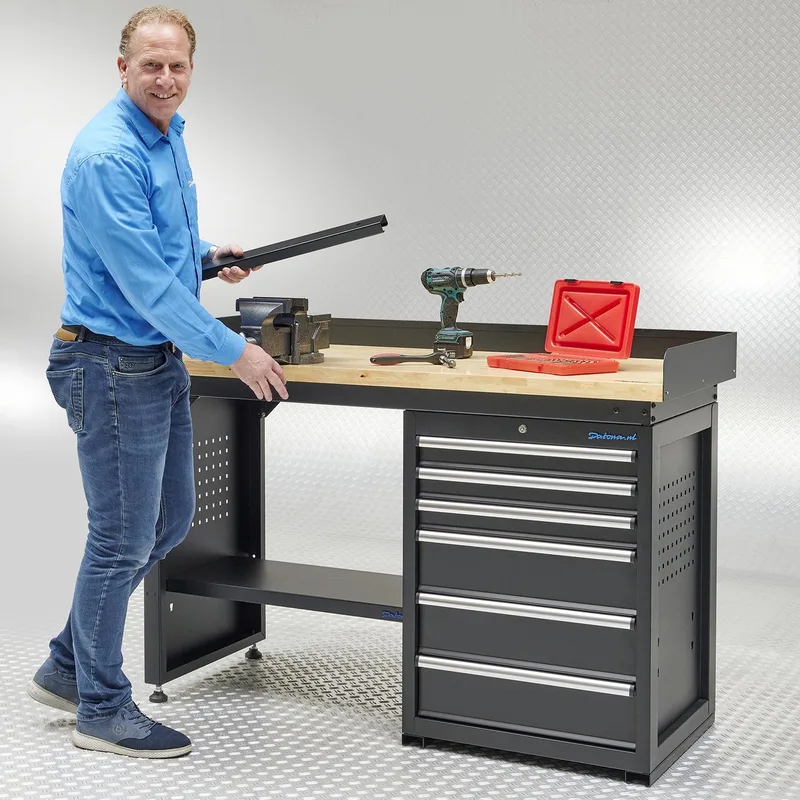 Werkbank PRO - eiken werkblad - 6 lades - 150 cm - Zwart by Datona – product image