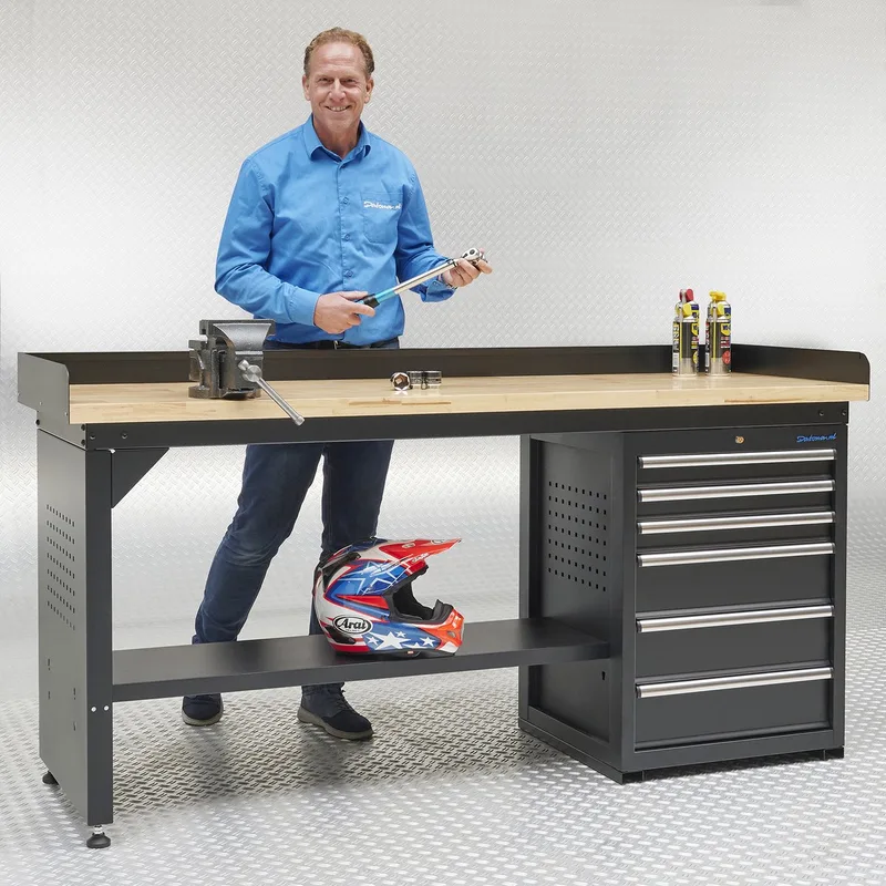 Werkbank PRO - eiken werkblad - 6 lades - 200 cm - Zwart by Datona – product image