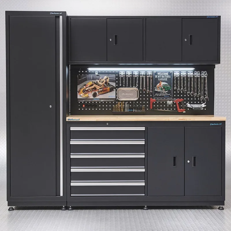 Werkbank - Werktafel met Kasten - Veelzijdige Opbergruimte - Staal & Eikenhout - 220 x 60 x 200 - Zwart de Datona – image du produit