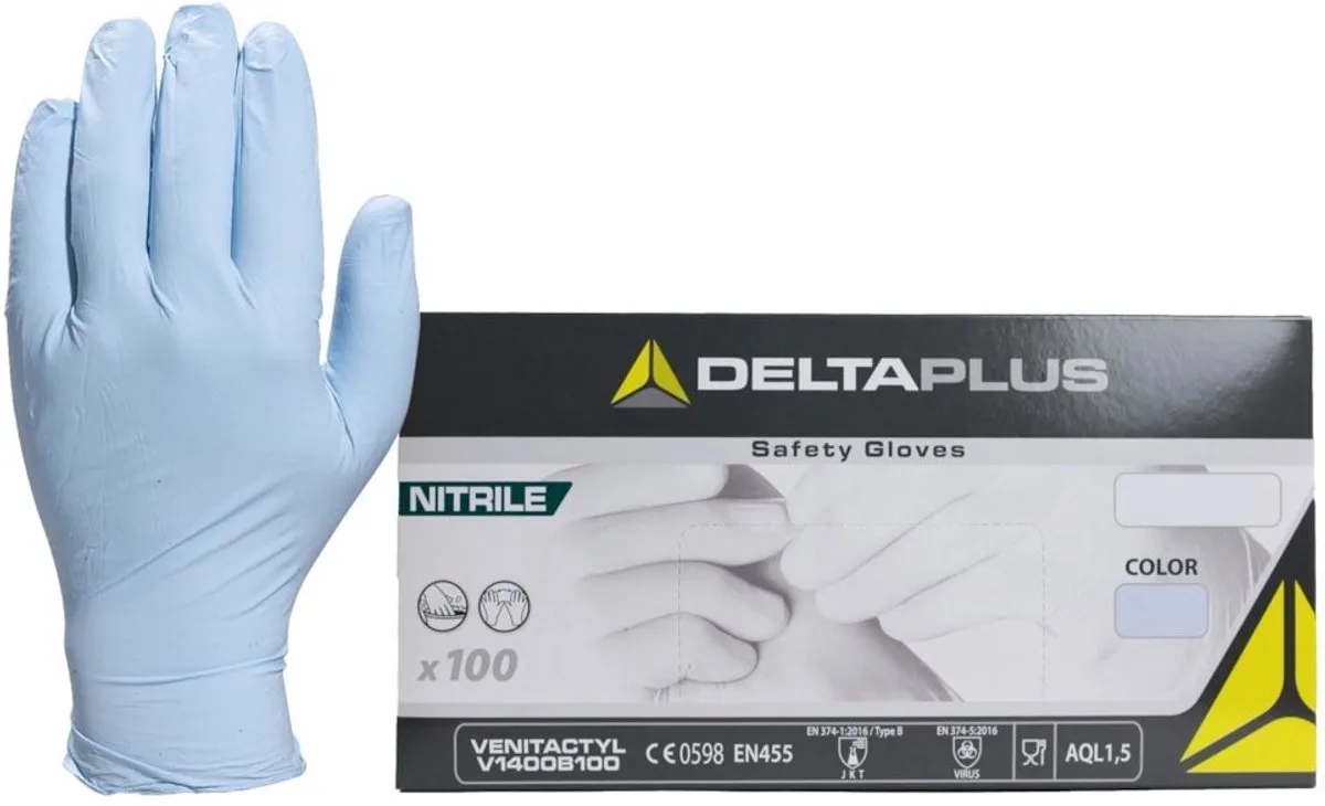 DISPENSER MET 100 NITRIL WEGWERPHANDSCHOENEN ONGEPOEDERD blauw by Delta Plus, Blue, 07/08 – product image