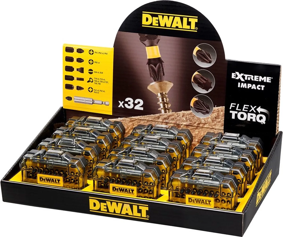 BALIEDISPLAY 12X IMPACT TORSION COMPACTE 32-DELIGE SCHROEFBITSET DT70523TM-QZ van DEWALT – productafbeelding
