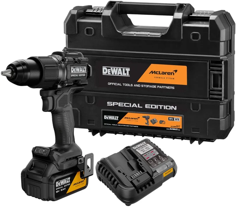 DCD 86M P1T accu-slagboormachine 18 V 90 Nm borstelloos McLaren F1 Edition + 1x accu 5,0 Ah + oplader + TSTAK fra DEWALT – produktbillede