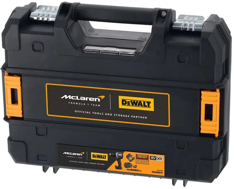 DCD85MP2T 18 Volt accu-boormachine met klopfunctie, 2x 5,0 Ah XR accu, lader, McLaren koffer en styling von DEWALT – Produktbild
