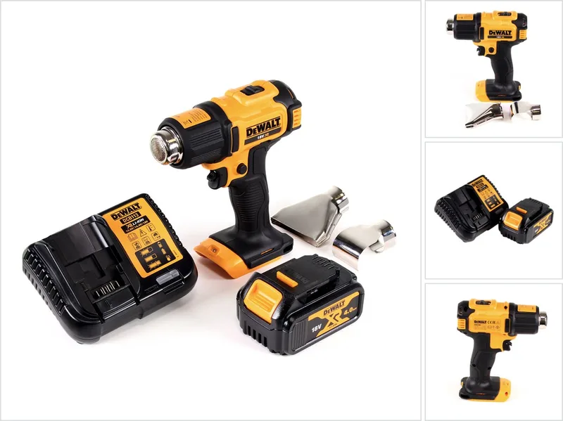DCE 530 M1 accu-heteluchtpistool 18 V 530 °C + 1x accu 4,0 Ah + 1x lader + vlak- en reflectormondstuk van DEWALT – productafbeelding