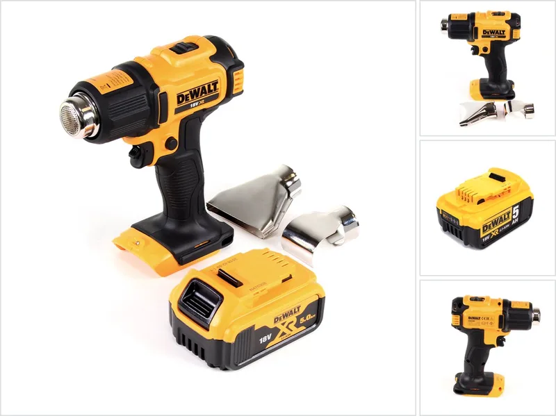 DCE 530 N accu-heteluchtpistool 18V 530°C + 1x accu 5,0Ah + vlak- en reflectormondstuk - zonder oplader van DEWALT – productafbeelding