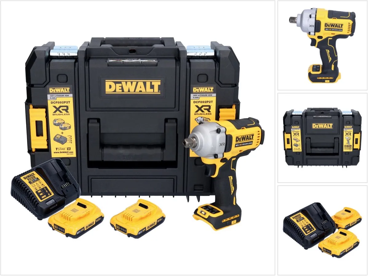 DCF 892 D2T accuslagmoersleutel 18 V 813 Nm 1/2" borstelloos + 2x oplaadbare accu 2.0 Ah + lader + TSTAK van DEWALT – productafbeelding