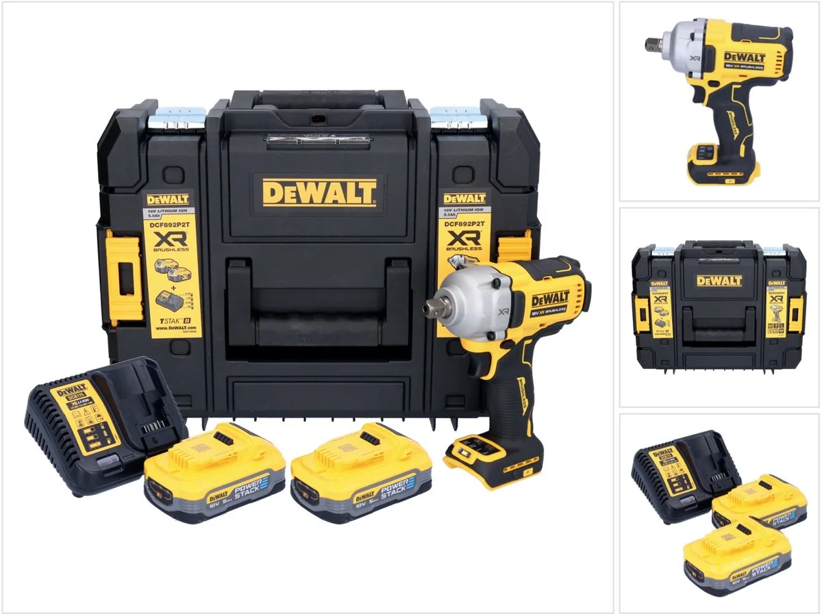 DCF 892 H2T accu-slagmoersleutel 18 V 813 Nm 1/2" borstelloos + 2x Powerstack accu 5.0 Ah + lader + TSTAK fra DEWALT – produktbillede