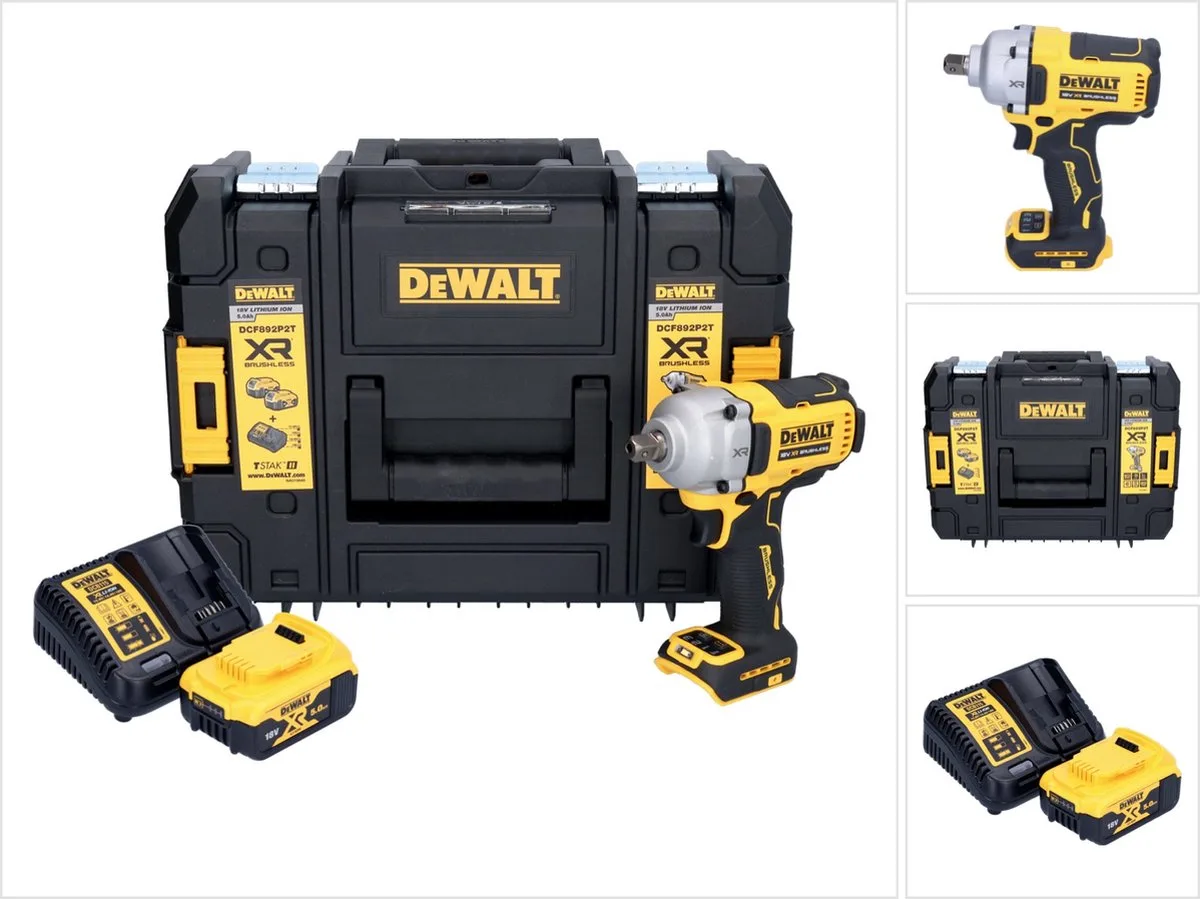 DCF 892 P1T accu-slagmoersleutel 18 V 813 Nm 1/2" borstelloos + 1x oplaadbare accu 5,0 Ah + lader + TSTAK från DEWALT – produktbild