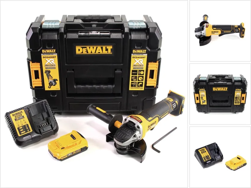 DCG 406 D1 accu haakse slijper 18V 125mm borstelloos + 1x oplaadbare accu 2.0Ah + lader + TSTAK von DEWALT – Produktbild