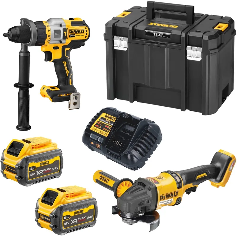 DCK 2016 T2T accu combipack set 18 V / 54 V FlexVOLT DCD 999 klopboormachine + DCG 418 haakse slijper + 2x accu 6,0 Ah + oplader + TSTAK de DEWALT – image du produit