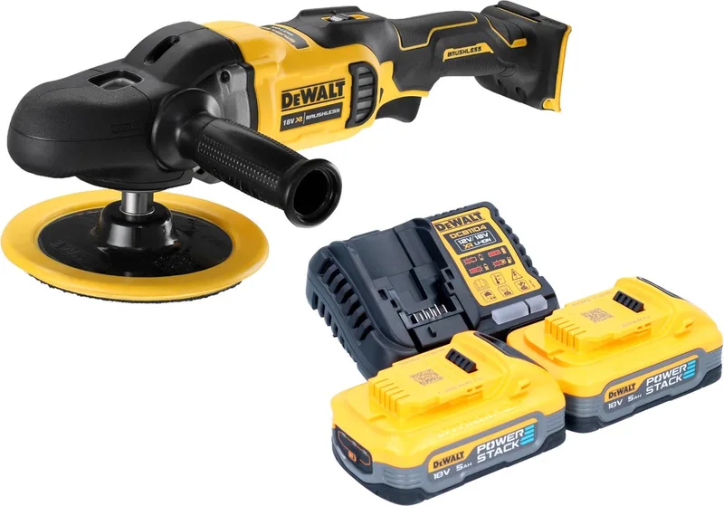 DCM 849 H2 accu-excentrische polijstmachine 18 V 180 mm borstelloos + 2x Powerstack accu 5.0 Ah + lader van DEWALT – productafbeelding