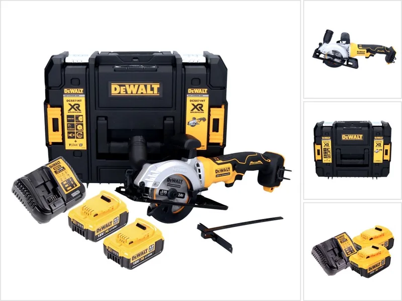 DCS 571 M2 accucirkelzaag 18 V 115 mm borstelloos + 2x accu 4.0 Ah + lader + TSTAK fra DEWALT – produktbillede