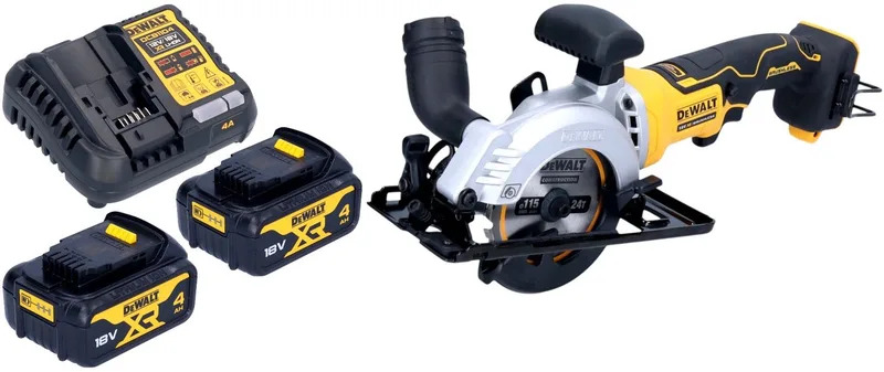 DCS 571 M2 accucirkelzaag 18 V 115 mm borstelloos + 2x accu 4.0 Ah + lader van DEWALT – productafbeelding
