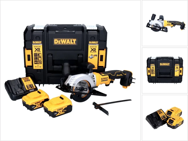 DCS 571 P2 Accu-cirkelzaag 18 V 115 mm borstelloos + 2x accu 5.0 Ah + lader + TSTAK de DEWALT – image du produit