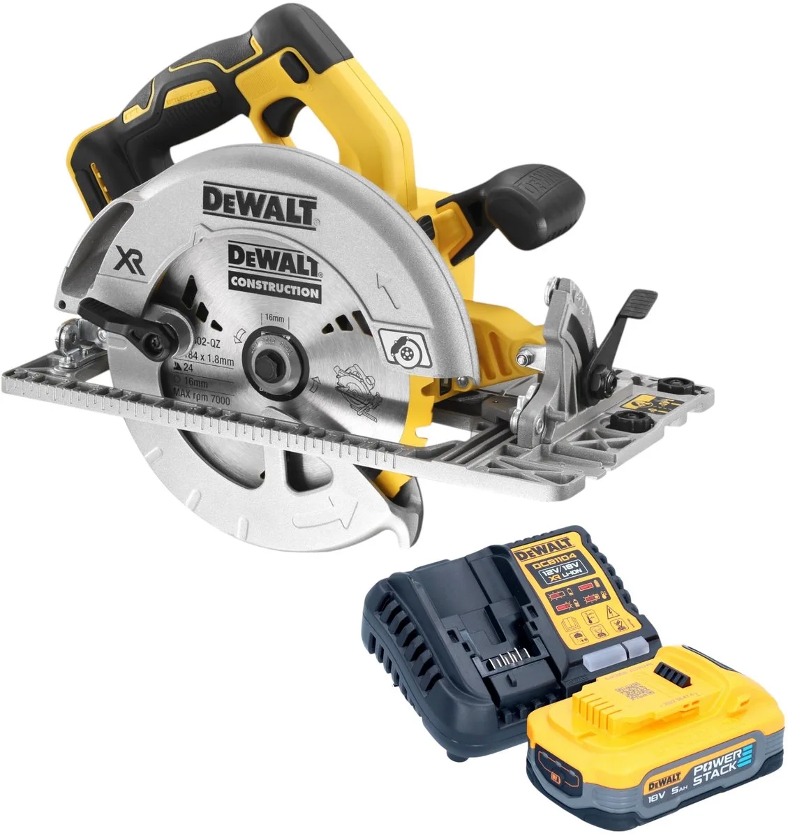 DCS 572 H1 Accucirkelzaag 18 V 184 mm borstelloos + 1x Powerstack accu 5.0 Ah + lader från DEWALT – produktbild