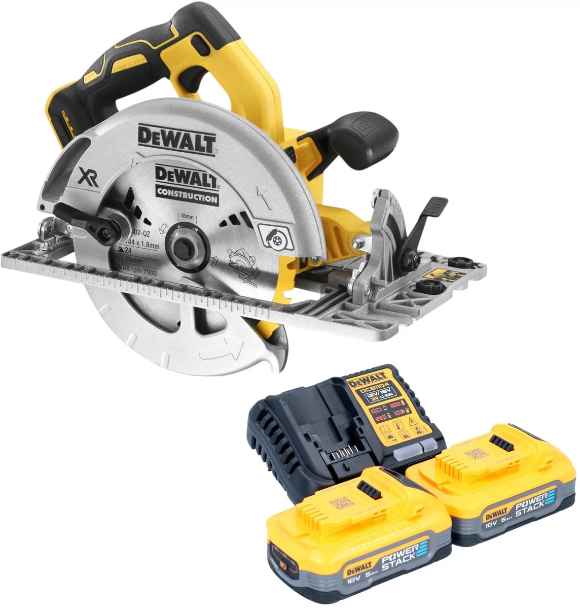 DCS 572 H2 accu cirkelzaag 18 V 184 mm borstelloos + 2x Powerstack accu 5.0 Ah + lader fra DEWALT – produktbillede