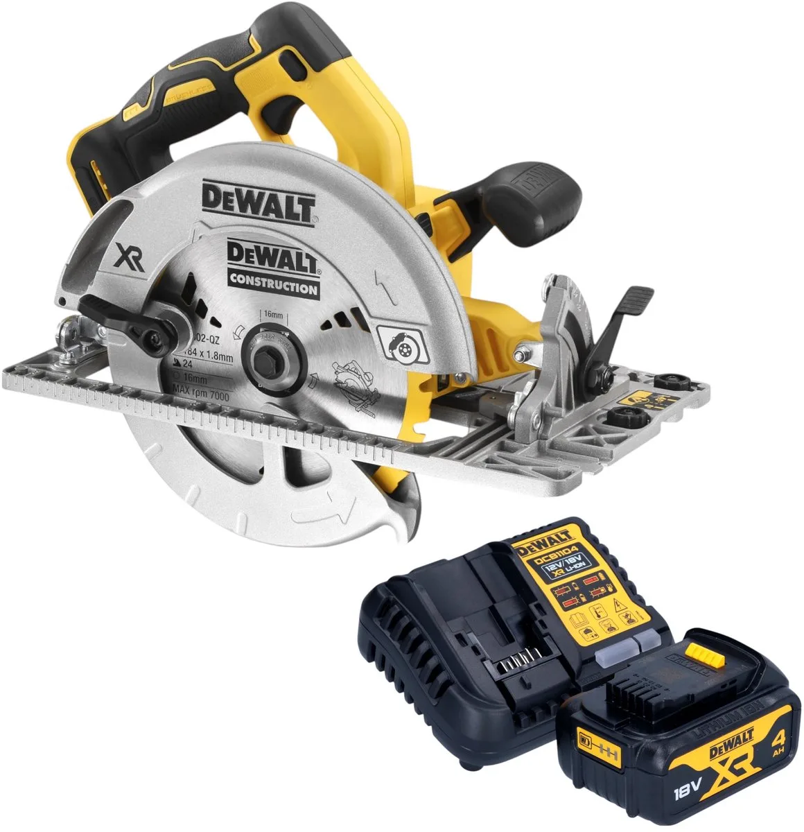 DCS 572 M1 Accucirkelzaag 18 V 184 mm borstelloos + 1x accu 4.0 Ah + lader van DEWALT – productafbeelding