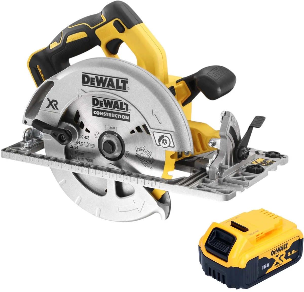 DCS 572 N accucirkelzaag 18 V 184 mm borstelloos + 1x accu 5,0 Ah - zonder lader de DEWALT – image du produit