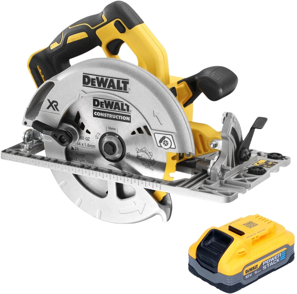DCS 572 N accucirkelzaag 18 V 184 mm borstelloos + 1x Powerstack accu 5.0 Ah - zonder lader från DEWALT – produktbild