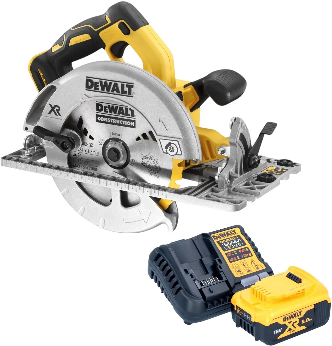 DCS 572 P1 accucirkelzaag 18 V 184 mm borstelloos + 1x oplaadbare accu 5,0 Ah + lader från DEWALT – produktbild