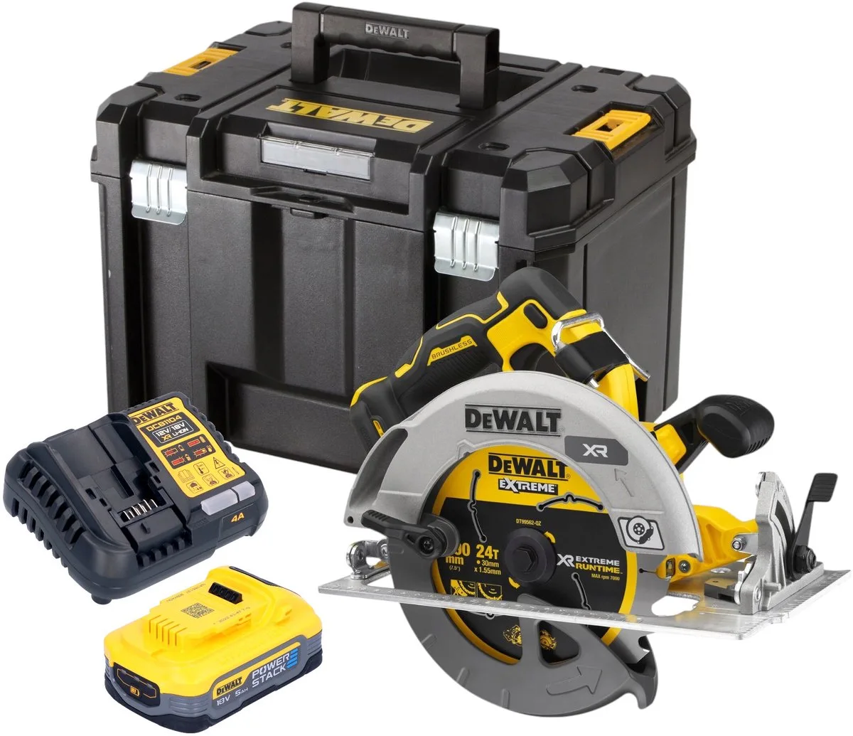 DCS 573 H1T Accucirkelzaag 18 V 190 x 30 mm borstelloos + 1x Powerstack accu 5.0 Ah + lader + TSTAK by DEWALT – product image