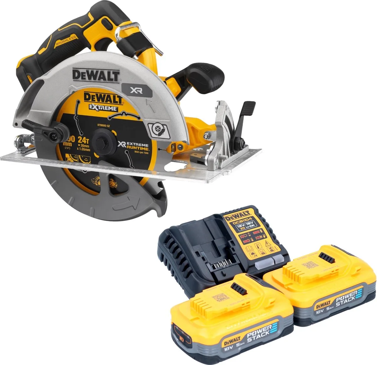 DCS 573 H2 accucirkelzaag 18 V 190 x 30 mm borstelloos + 2x accu powerstack 5.0 Ah + lader de DEWALT – image du produit