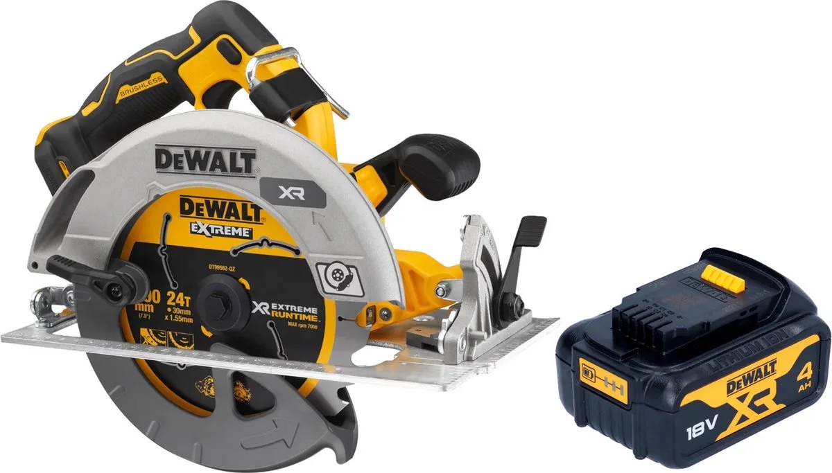 DCS 573 N Accu-cirkelzaag 18 V 190 x 30 mm borstelloos + 1x accu 4.0 Ah - zonder lader fra DEWALT – produktbillede
