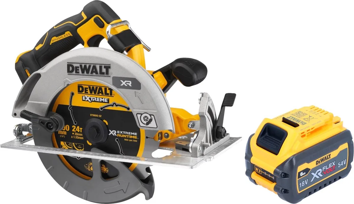 DCS 573 N accucirkelzaag 18 V 190 x 30 mm borstelloos + 1x accu 6,0 Ah - zonder lader fra DEWALT – produktbillede