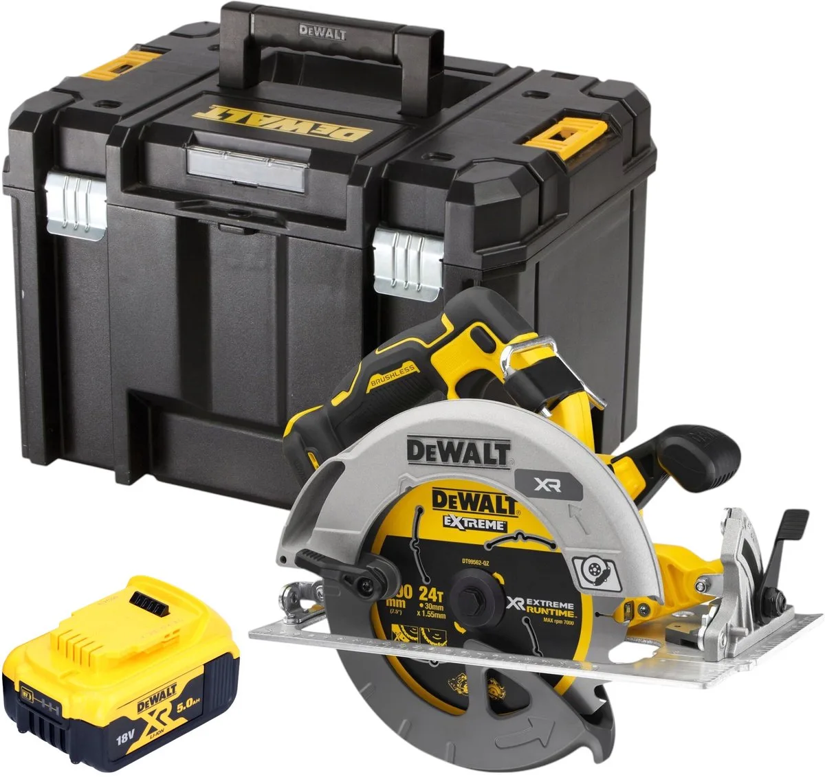 DCS 573 NT accucirkelzaag 18 V 190 x 30 mm borstelloos + 1x accu 5.0 Ah + TSTAK - zonder lader de DEWALT – image du produit