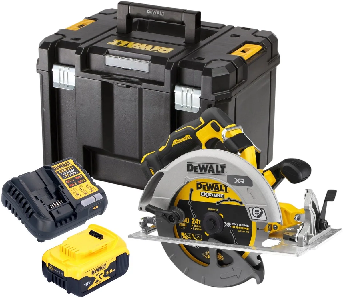 DCS 573 P1T Accucirkelzaag 18 V 190 x 30 mm borstelloos + 1x accu 5.0 Ah + lader + TSTAK de DEWALT – image du produit