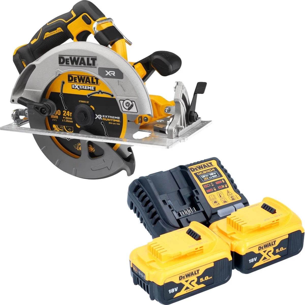 DCS 573 P2 Accu-cirkelzaag 18 V 190 x 30 mm borstelloos + 2x accu 5.0 Ah + lader fra DEWALT – produktbillede