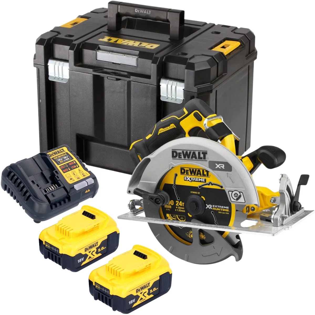 DCS 573 P2T accucirkelzaag 18 V 190 x 30 mm borstelloos + 2x accu 5.0 Ah + lader + TSTAK de DEWALT – image du produit
