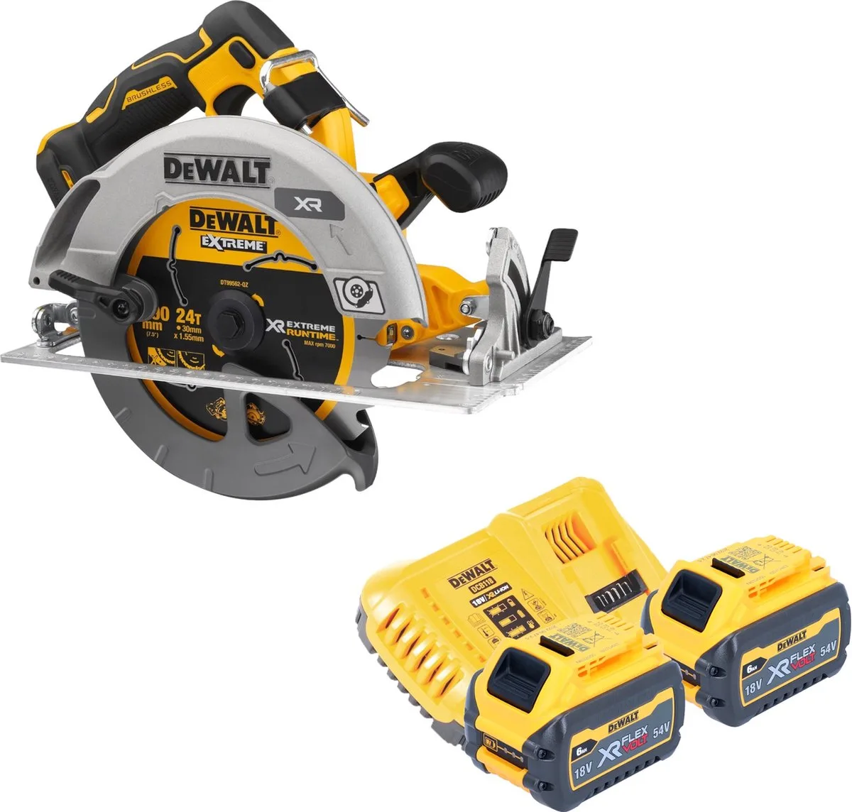 DCS 573 T2 accucirkelzaag 18 V 190 x 30 mm borstelloos + 2x accu 6.0 Ah + lader de DEWALT – image du produit