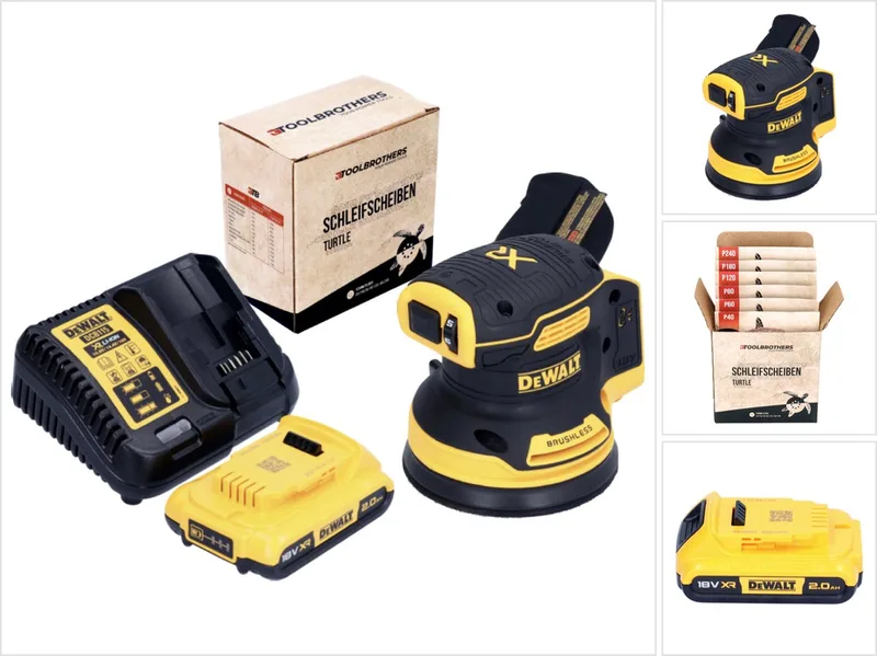 DCW 210 D1 accu excentrische schuurmachine 18 V 125 mm borstelloos + 1x oplaadbare accu 2.0 Ah + lader + 1x Toolbrothers TURTLE schuurschijvenset von DEWALT – Produktbild