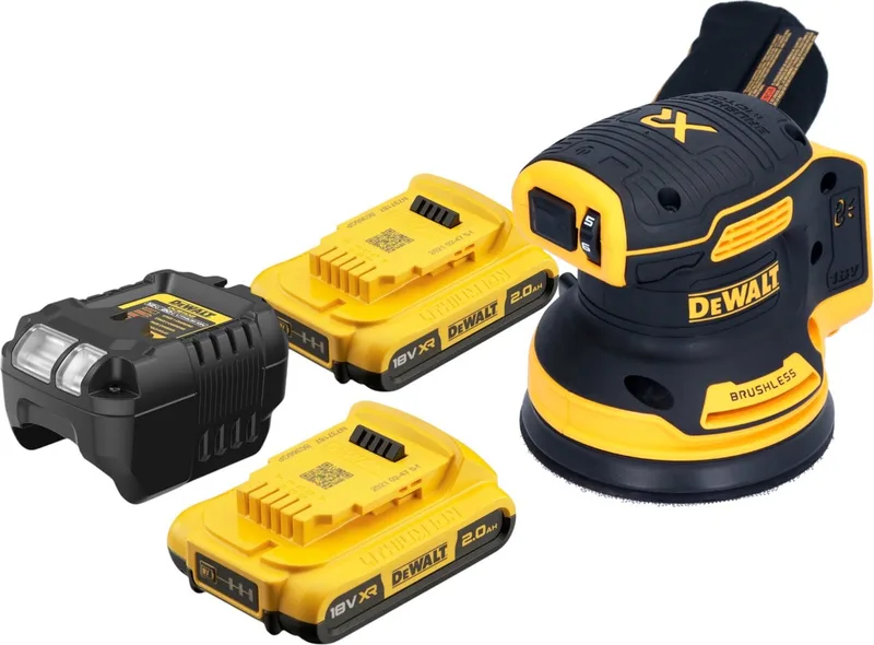 DCW 210 D2 Accuschuurmachine 18 V 125 mm borstelloos + 2x accu 2.0 Ah + lader van DEWALT – productafbeelding