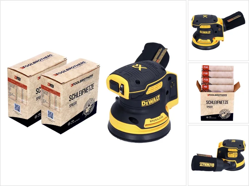 DCW 210 N accu excenterschuurmachine 18 V 125 mm borstelloos solo + 2x Toolbrothers SPIDER netschuurset von DEWALT – Produktbild