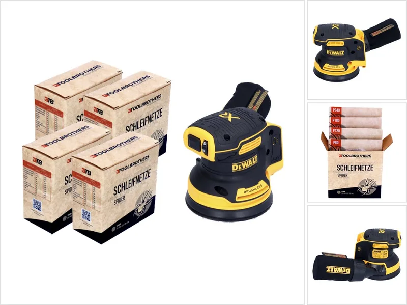 DCW 210 N accu excenterschuurmachine 18 V 125 mm borstelloos solo + 4x Toolbrothers SPIDER netschuurset von DEWALT – Produktbild