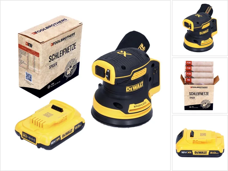 DCW 210 N accu excenterschuurmachine 18 V 125 mm borstelloos + 1x oplaadbare accu 2.0 Ah + 1x Toolbrothers SPIDER schuurnetset - zonder lader von DEWALT – Produktbild