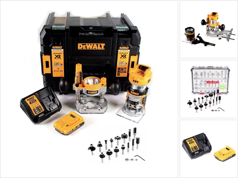 DCW 604 D1 accu-combinatiefrees 18 V 55 mm + 1x accu 2,0 Ah + 1x snellader + Bosch 18-delige freesset in TSTAK de DEWALT, Jaune – image du produit