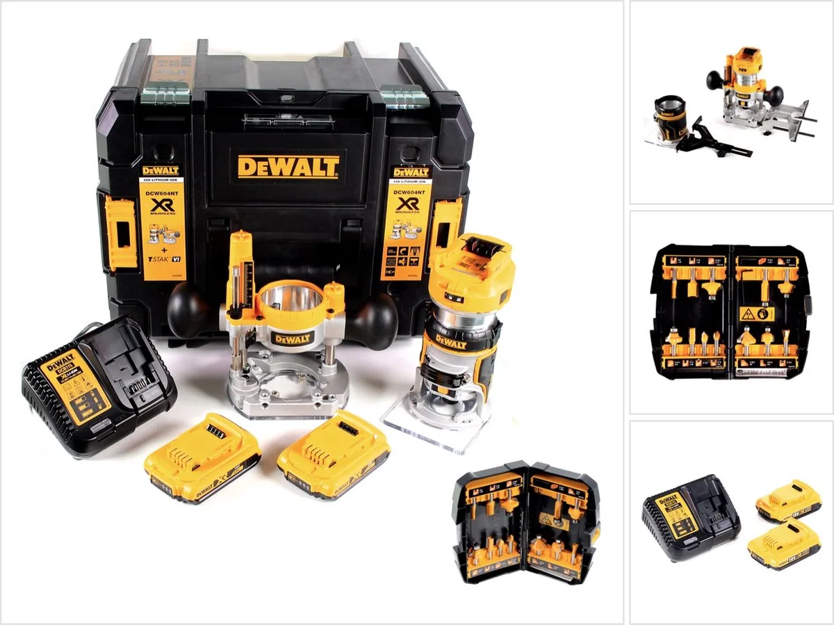 DCW 604 D2 accu-combi-frees 18 V 55 mm + 2x accu's 2,0 Ah + 1x snellader + freesset 12-delig in TSTAK de DEWALT – image du produit
