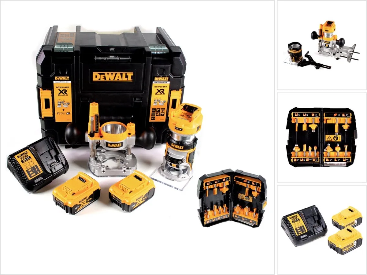 DCW 604 P2 accu-combi-frees 18 V 55 mm + 2x accu's 5,0 Ah + 1x snellader + freesset 12-delig in TSTAK by DEWALT – product image