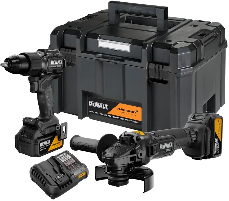 DeWALT - 18V accu-set met klopboormachine en haakse slijper, McLaren, 2x 5,0 Ah Li-Ion XR-accu, oplader DCK2223MP2T de DEWALT – image du produit